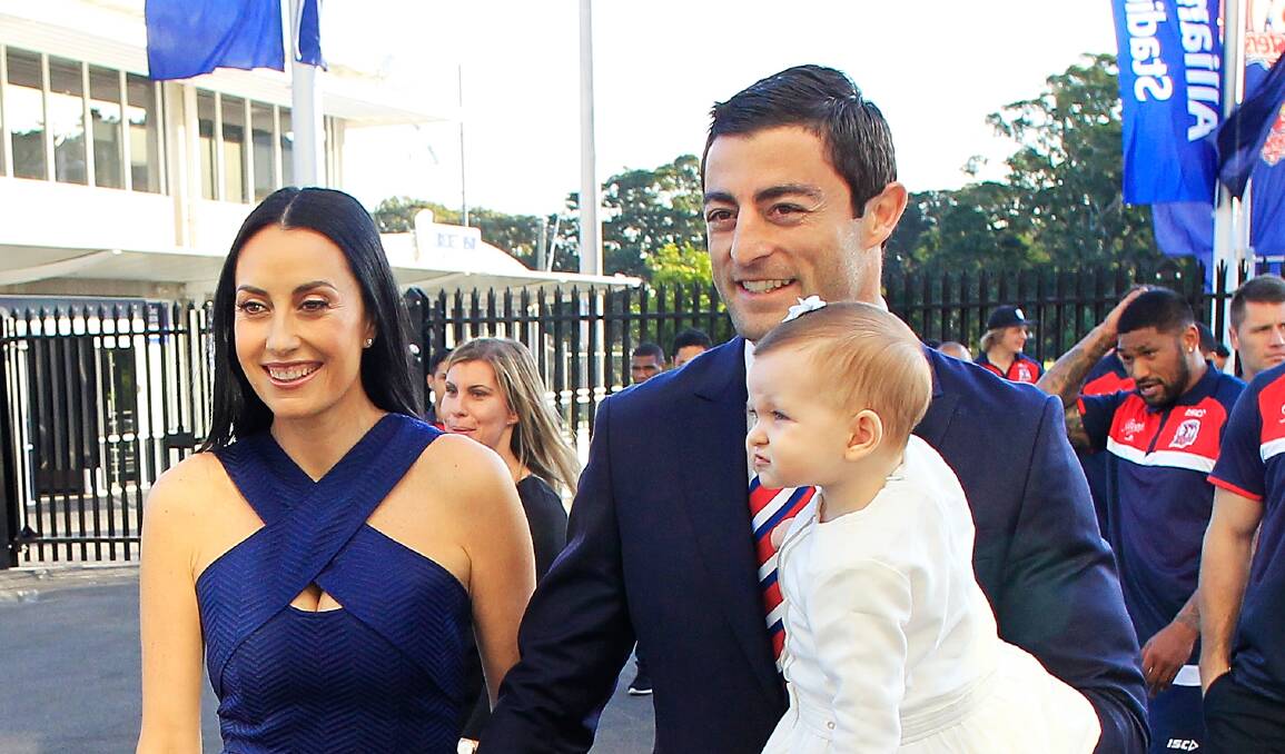Anthony Minichiello, his wife Terry Biviano and daughter Azura on Monday. Picture: GETTY IMAGES