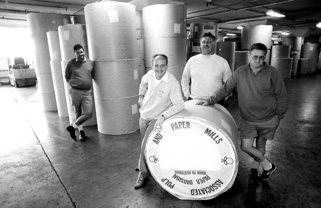 Happy workers at the Associated Pulp & Paper Mills at Nowra on 12 November 1992 after hearing of the decision to keep the mill open. Picture: STEVEN SIEWERT