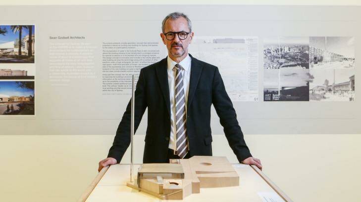 Michael Brand, Director of the Art Gallery of NSW with designs on display for the Sydney Modern project. Photo: Dallas Kilponen