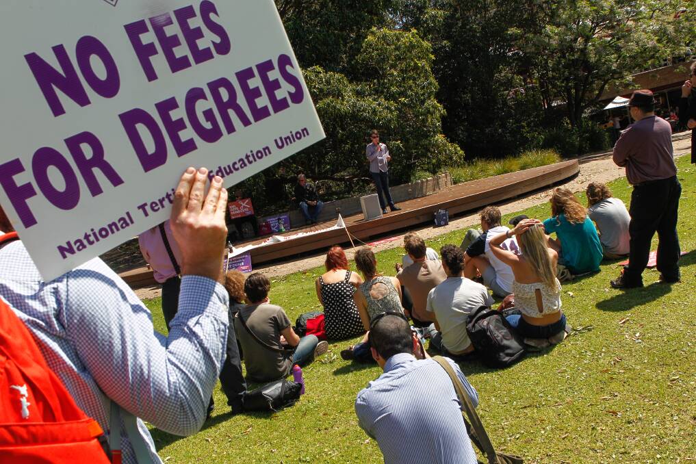 Staff, union figures and politicians attend the protest at University of Wollongong. Picture: CHRISTOPHER CHAN