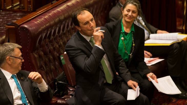 Greens MP Jeremy Buckingham lights an e-cigarette in the NSW Upper House to show how lax the laws are that govern the devices. Photo: Edwina Pickles