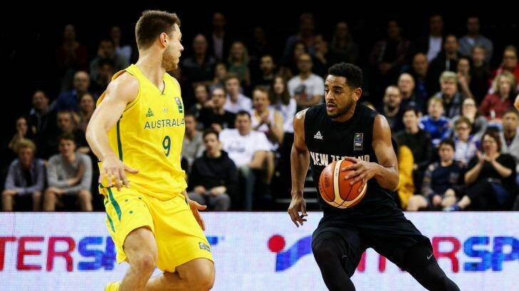 Rising star: Corey Webster looks for a way past Matthew Dellavedova during game two between the New Zealand Tall Blacks and Australian Boomers at at TSB Bank Arena in Wellington. Photo: Hagen Hopkins