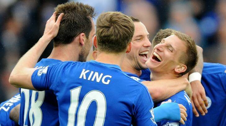 Party time: Leicester's Marc Albrighton celebrates after scoring against Swansea Photo: Rui Vieira