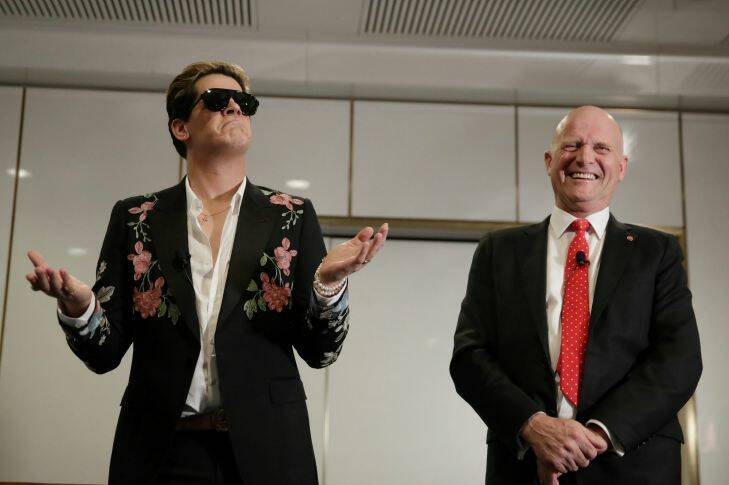 US commentator Milo Yiannopoulos and Senator David Leyonhjelm during the function "A conversation with Milo Yiannopoulos" hosted by Senator David Leyonhjelm at Parliament House in Canberra on Tuesday 5 December 2017. fedpol Photo: Alex Ellinghausen