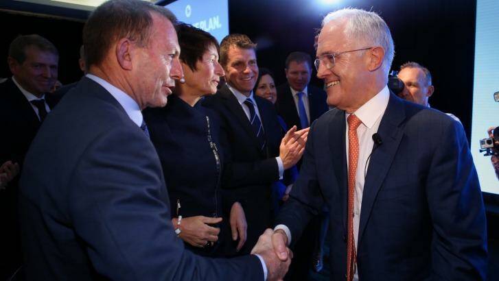 Mr Turnbull with Mr Abbott after he addressed the Coalition national campaign rally in Sydney in June. Photo: Andrew Meares