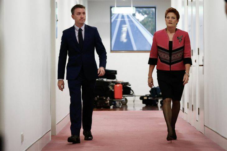 Senator Pauline Hanson and her adviser James Ashby arrive in the press gallery for an interview, at Parliament House in Canberra on Monday 27 March 2017. fedpol Photo: Alex Ellinghausen Photo: Alex Ellinghausen