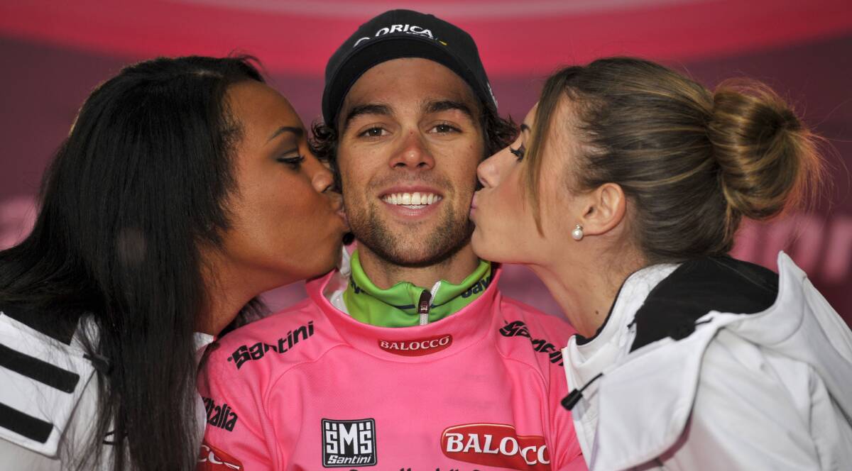 Kisses for Australian Michael Matthews after storming home to win the sixth stage of the Giro d'Italia. Picture: AP
