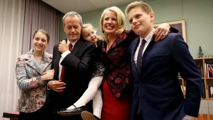 Opposition Leader Bill Shorten poses for photos with his wife Chloe and children Georgette, Clementine and Rupert. Photo: Alex Ellinghausen