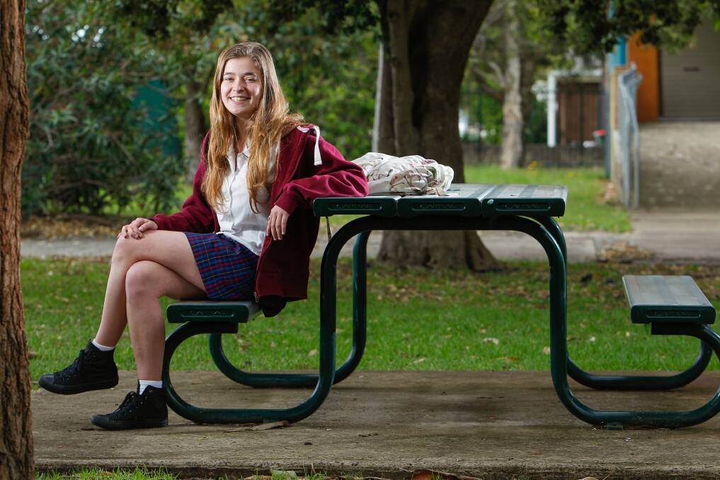 Bulli High School student Grace Donovan smiles confidently after her HSC exam. Picture: CHRISTOPHER CHAN