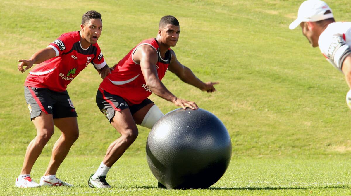 Benji Marshall's first day of training as a Dragon at WIN Stadium on Tuesday. Picture: KIRK GILMOUR
