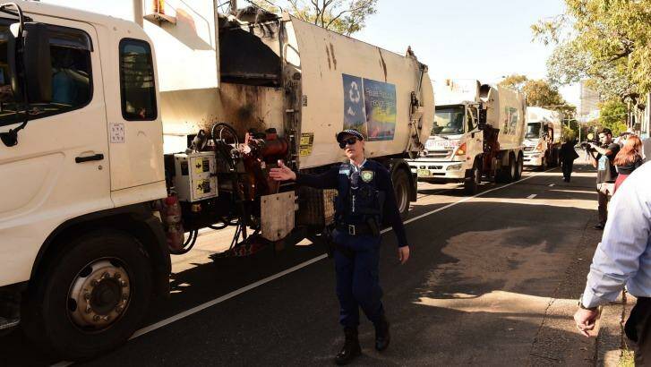 Blacktown mayor Stephen Bali organised a convoy of rubbish trucks to blockade SBS headquarters in Artarmon after the screening of <i>Struggle Street</i>. Photo: Nick Moir