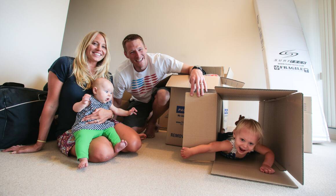 Ex-Wollongong Hawks player Dave Gruber is heading to the US with wife Kara and daughters Grace (in box) and six-month-old Ruby. Picture: ADAM McLEAN
