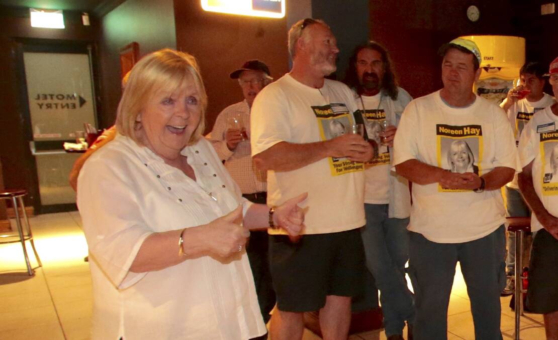 Returned: Noreen Hay celebrates at her election night gathering at Wollongong’s Harp Hotel.  Picture: ADAM McLEAN
