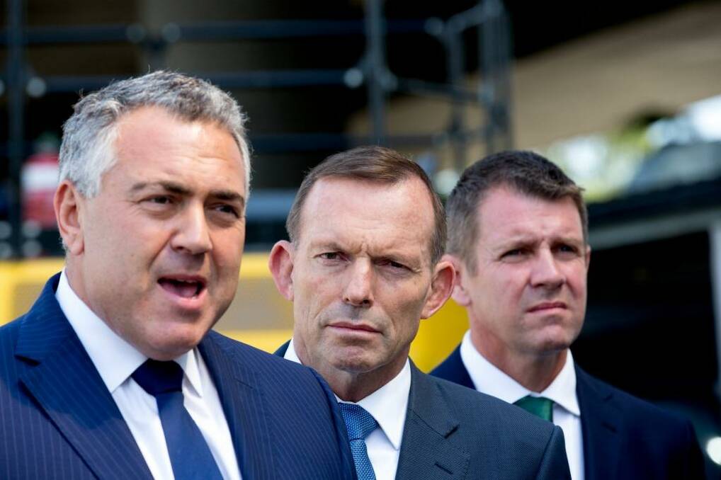 Treasurer Joe Hockey, Prime Minister Tony Abbott and NSW Premier Mike Baird.  Photo: Edwina Pickles