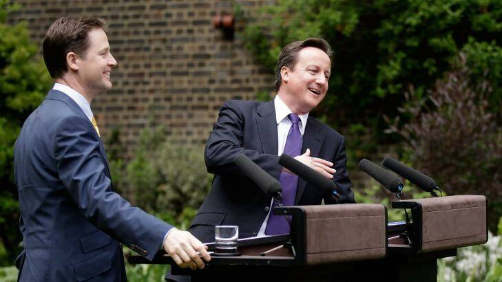 Conservative Prime Minister David Cameron (right) and then Liberal Democrat deputy prime minister Nick Clegg (left) at their first joint press conference in 2010 after they agreed to share power. Photo: Christopher Furlong