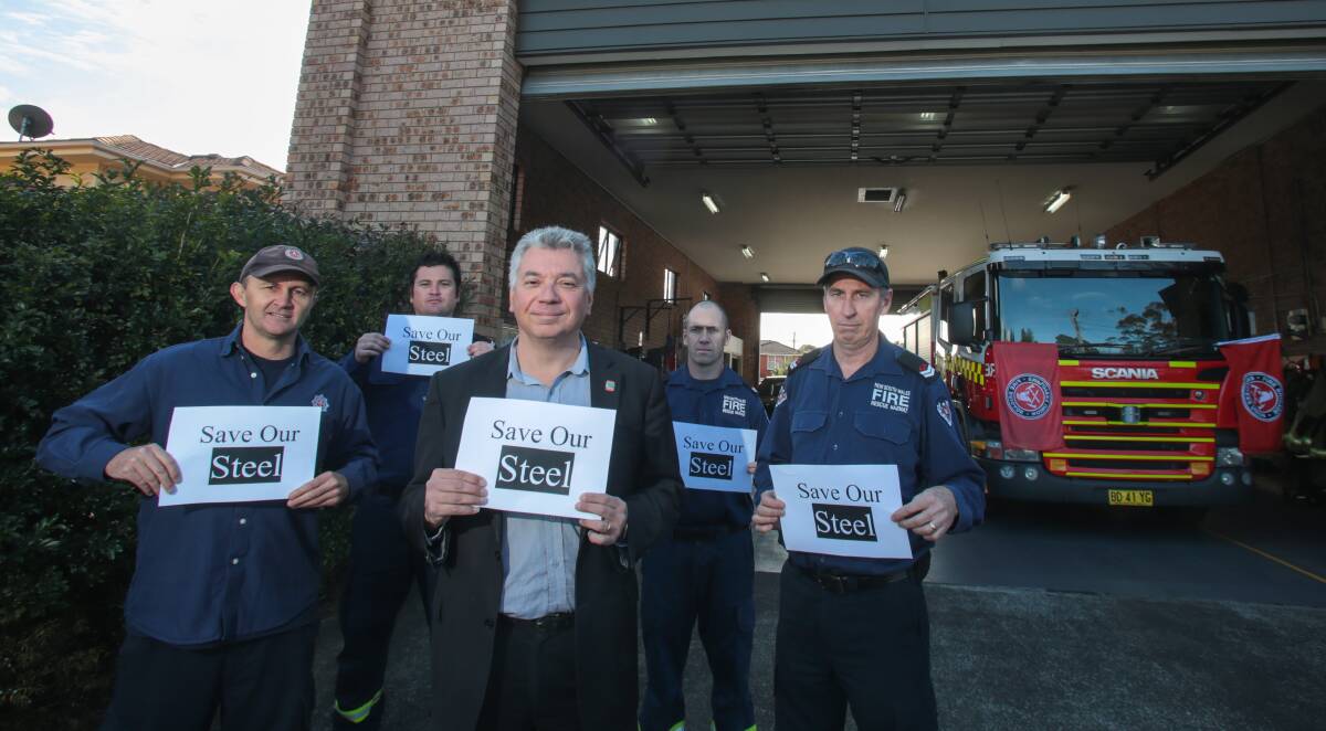 Solidarity: Darin Sullivan, Shane Dallimore, Arthur Rorris, Shane Lambert and Andrew Johnston at Dapto Fire Station backing the Save our Steelworks campaign. Picture: ADAM McLEAN