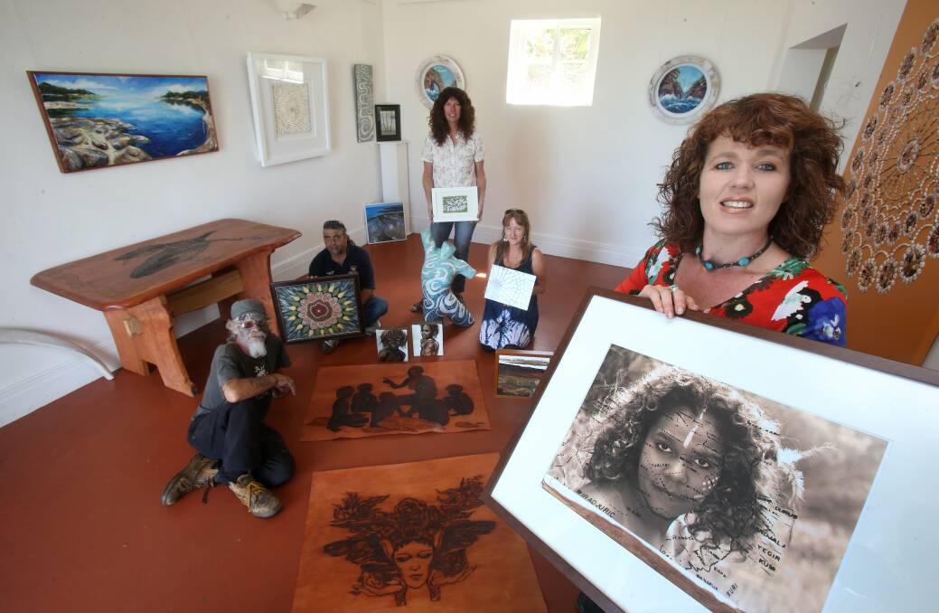 Pirate Myangah (left), Jason Groves, Margot Curtis, Kylie Douglass and Rebecca Baker at the Southern Visions exhibition at Clifton School of Arts. Picture: ROBERT PEET