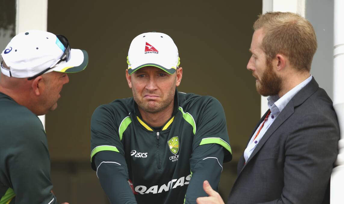 Australia coach Darren Lehmann, captain Michael Clarke and manager Gavin Dovey at Trent Bridge after the Aussies lost the Ashes series to England inside three days. Picture: GETTY IMAGES