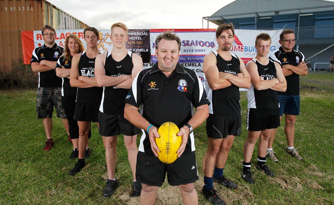 Port Kembla coach Brad Yates (centre) with (left to right) Paul Bright, Schell Yates, Zac Jovanivski, Aiden Chilcott, Kallem Heycott, Brendon Hasiuk and Arthur Chilcott. The Blacks won the premiership in 1993 and 1999 and are looking forward to their return to first grade. Picture: CHRISTOPHER CHAN