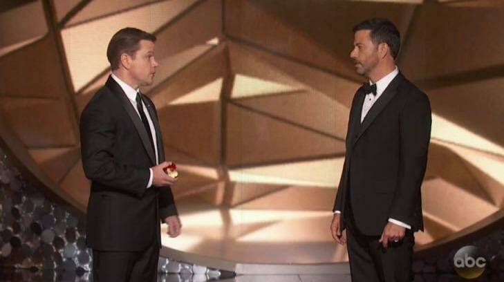 Matt Damon gives Jimmy Kimmel a ribbing on the 2016 Emmy Awards telecast. Photo: screengrab