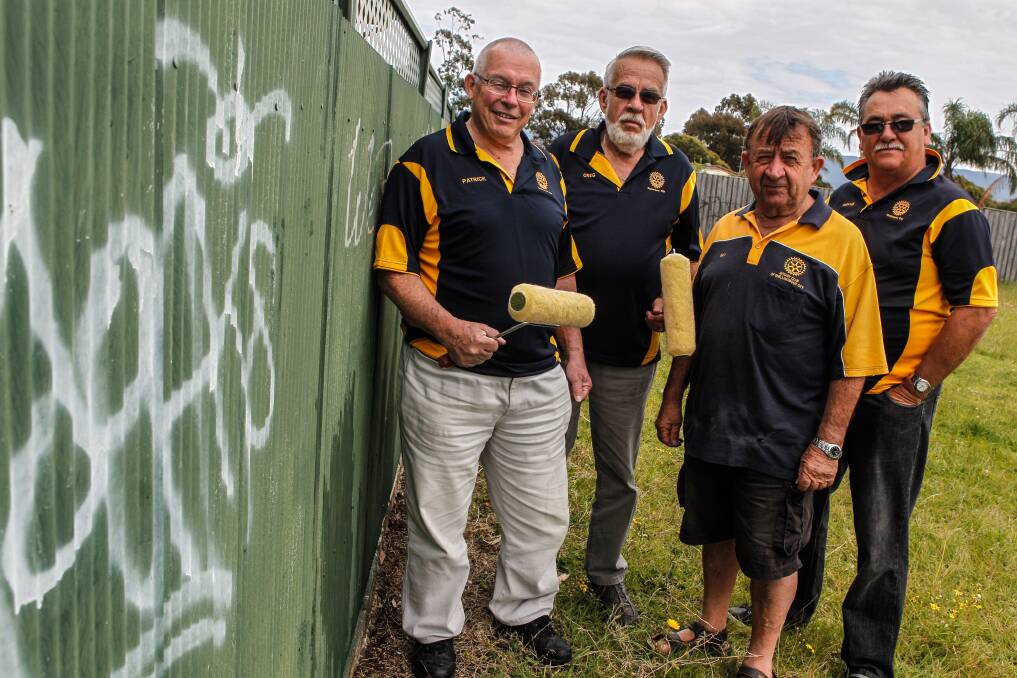 Rotary members Patrick Giles, Greg Armstrong, Ray Tarlinton and Wayne Hockey at Stewart Park for a graffiti clean-up day. Picture: CHRISTOPHER CHAN