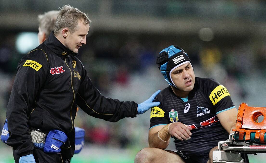 Jamie Soward on the wobble after Jack Wighton's big tackle at GIO Stadium on Monday. Picture: GETTY IMAGES