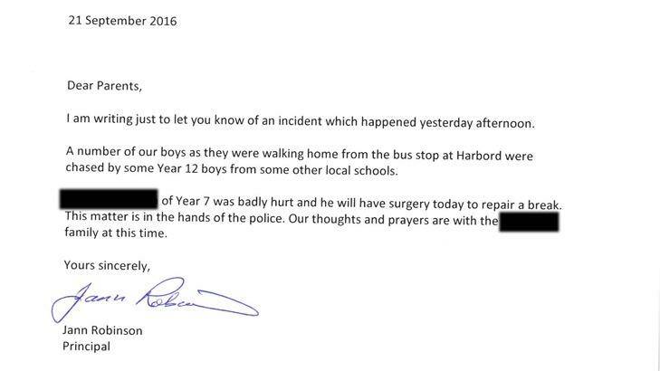 Primary school parents were sent this letter from the principal. Photo: Supplied