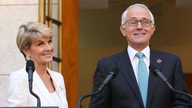 Malcolm Turnbull and Julie Bishop during a press conference at Parliament House on Thursday. Photo: Andrew Meares