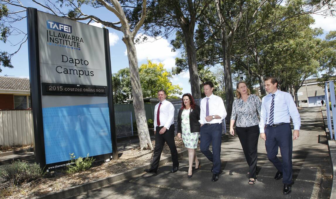 Speaking out: Labor candidate for Kiama Glenn Kolomeitz, Shellharbour MP Anna Watson, Throsby MP Stephen Jones, Cunningham MP Sharon Bird and Keira MP Ryan Park visit the Dapto campus. Picture: ANDY ZAKELI