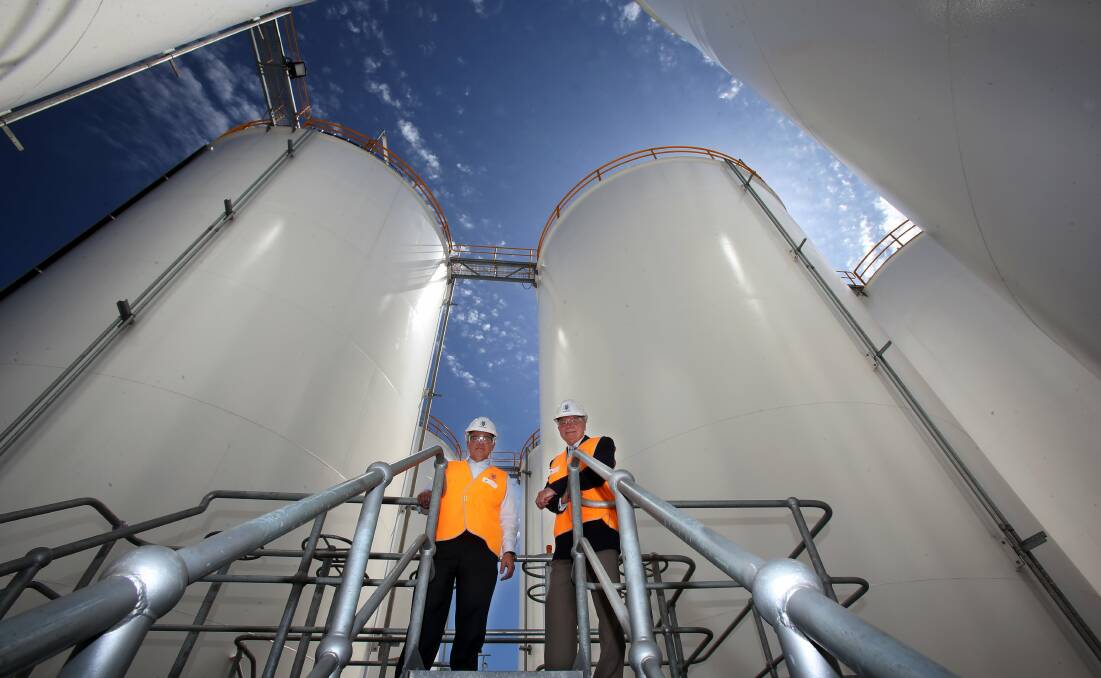 Value added: GrainCorp's Mark Palmquist and Gordon Bradbery at the new $20 million liquid terminal at Port Kembla which has been hailed a "vote of confidence" for Wollongong. Picture: ROBERT PEET