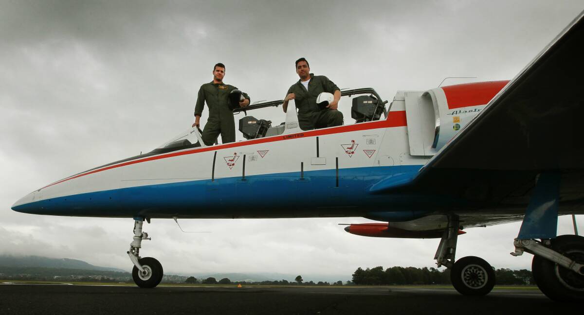 Pilot Brett Sutcliffe with passenger Warren Flanagan in an L-39 Albatros, originally from the Czech Republic air force. Picture: SYLVIA LIBER