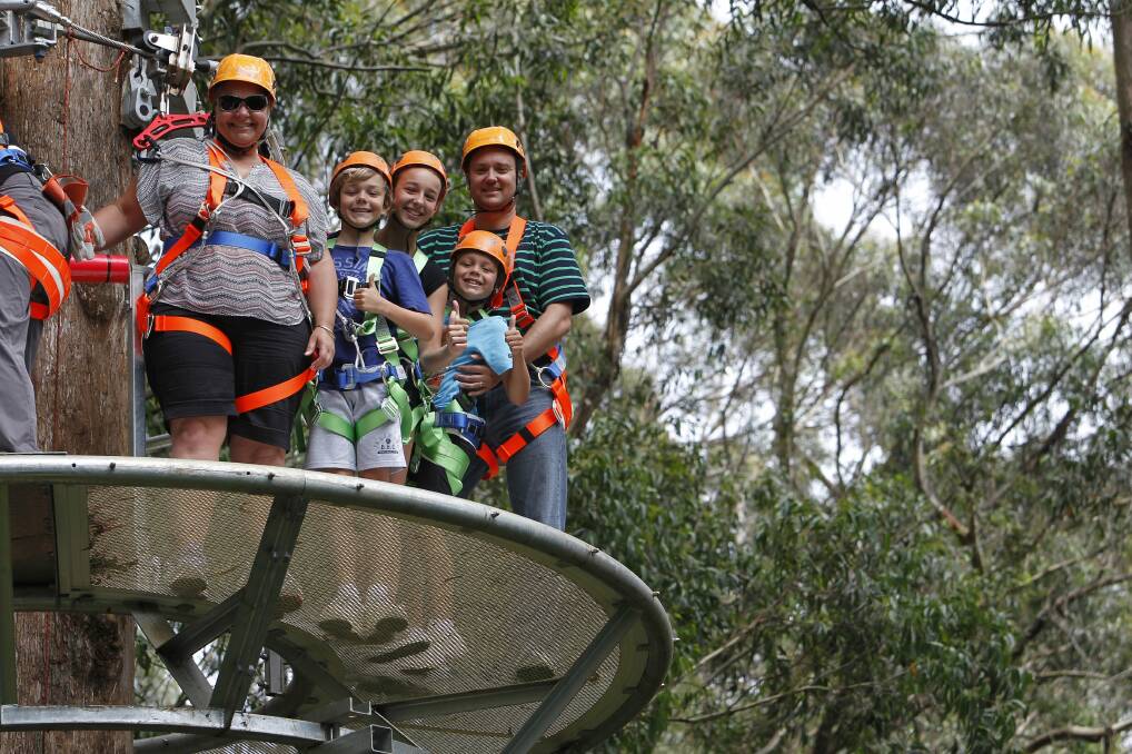 Kellie, Cameron, 11, Tahlia 13, Tyler, and Matt Davidson, of Destination Wollongong, were enjoying of a family day out at the region’s newest tourist attraction, the Illawarra Fly Treetop Adventures site at Knights Hill. Picture: ANDY ZAKELI