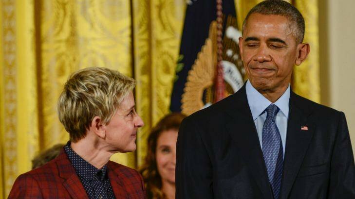  Ellen DeGeneres tears up as President Obama presents her with the 2016 Presidential Medal Of Freedom. Photo: Leigh Vogel