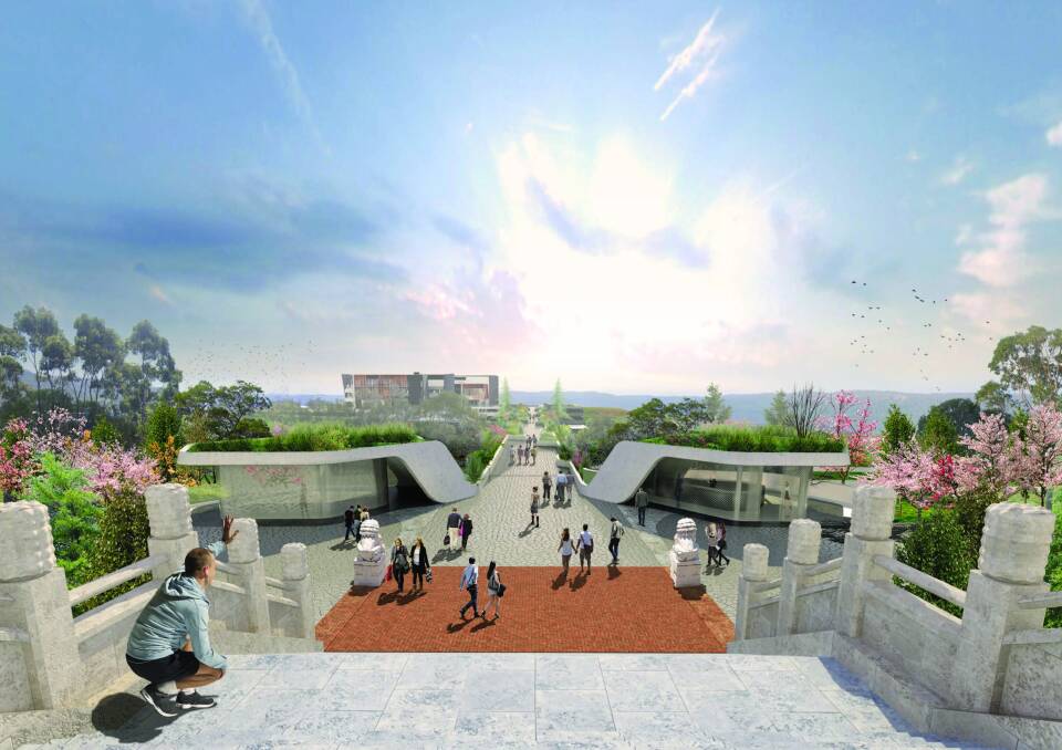 An artist's impression of the bridge that will span the F6, connecting the Nan Tien Temple with the Nan Tien Institute and Cultural Centre. Picture: WOODS BAGOT