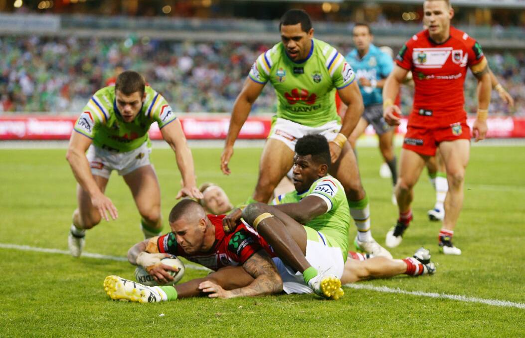 Dragon back-rower Joel Thompson scoring the winning try against Canberra. Picture: GETTY IMAGES