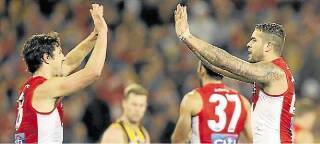 Swans Kurt Tippett (left) and Lance Franklin celebrate a goal against Hawthorn. Picture: GETTY IMAGES