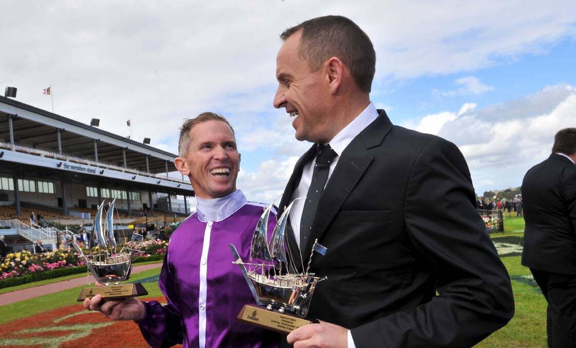 Trainer Chris Waller and jockey Glyn Schofield after winning the the 2013 Emirates Stakes at Flemington with Boban. Picture: WAYNE TAYLOR