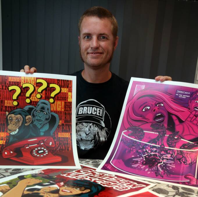 Artist Shane Kenning with some of the workd that will feature at Beach Burrito in Wollongong. Picture: ROBERT PEET