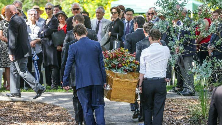 Pallbearers at Bob Ellis' funeral at Frenchs Forest Bushland Cemetery.  Photo: Dallas Kilponen