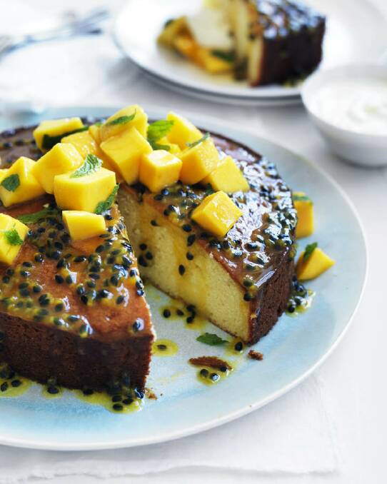 Passionfruit syrup cake with mango salsa <a href="http://www.goodfood.com.au/good-food/cook/recipe/passionfruit-syrup-cake-with-mango-salsa-20121112-297wo.html"><b>(Recipe here).</b></a> Photo: William Meppem