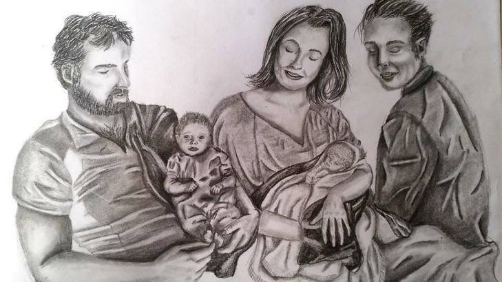 The sketch of her family that brings Kate Henderson to tears. Kate's brother Ben and her daughter both died. Photo: Supplied