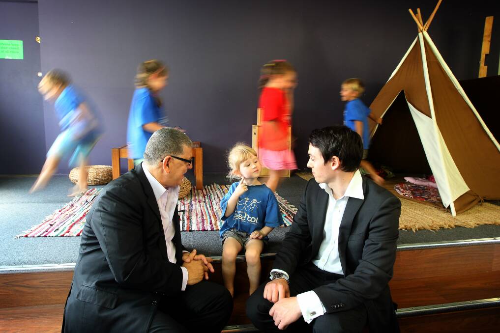 Welcome: Minister for the Illawarra John Ajaka and Liberal candidate for Shellharbour Mark Jones at the preschool.Picture: SYLVIA LIBER