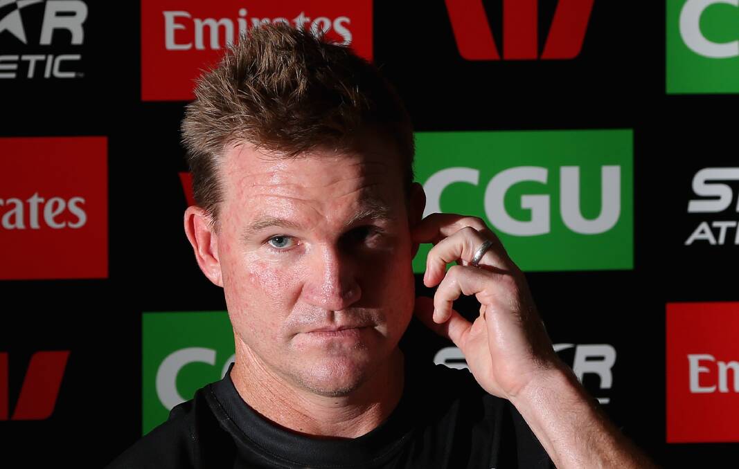 Magpies coach Nathan Buckley talks to media in Melbourne on Tuesday. Picture: GETTY IMAGES