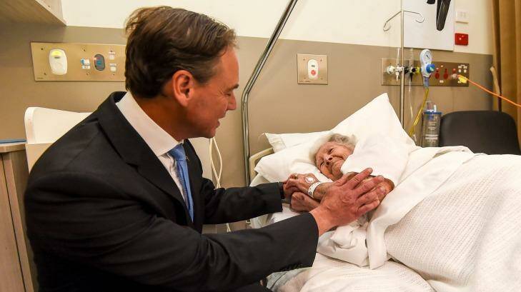 New Health Minister Greg Hunt visited Frankston Hospital on Wednesday where he met patient Fay Tipping. Photo: Justin McManus