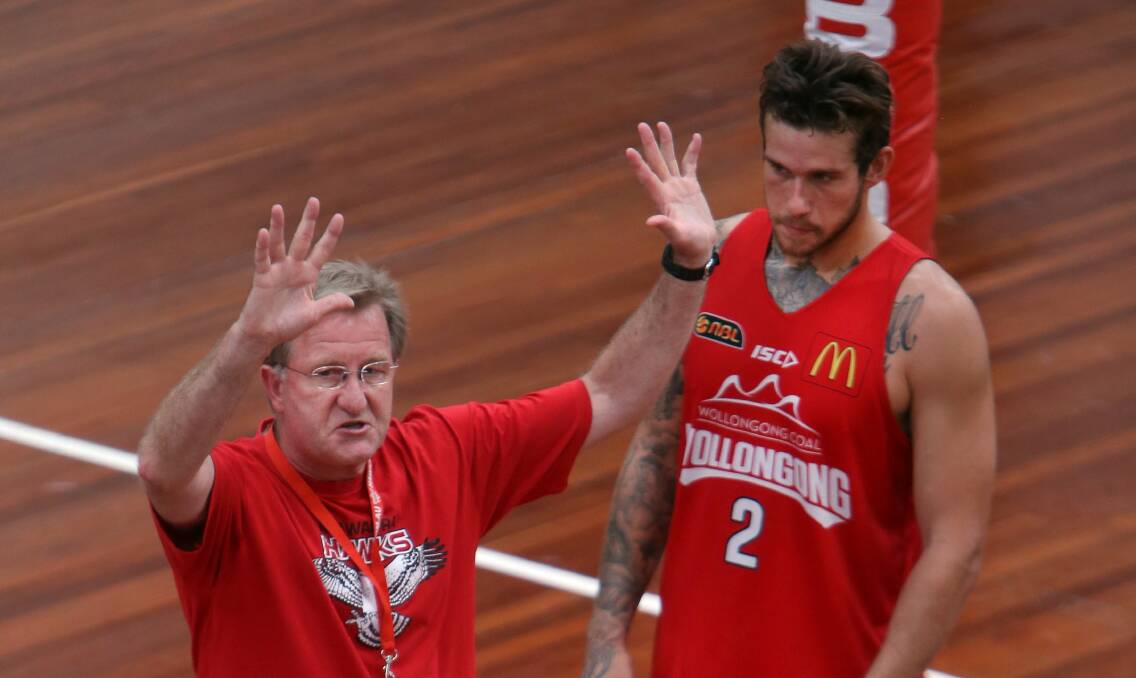 Wollongong Hawks coach Gordie McLeod lays down the law at training at the Snakepit. Picture: KIRK GILMOUR