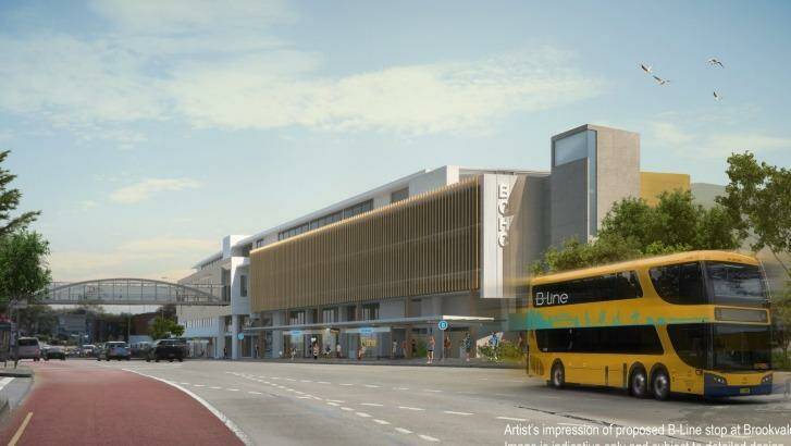 An artist's impression shows a new B-Line style bus driving past a new stop at Brookvale.  Photo: NSW Government. 