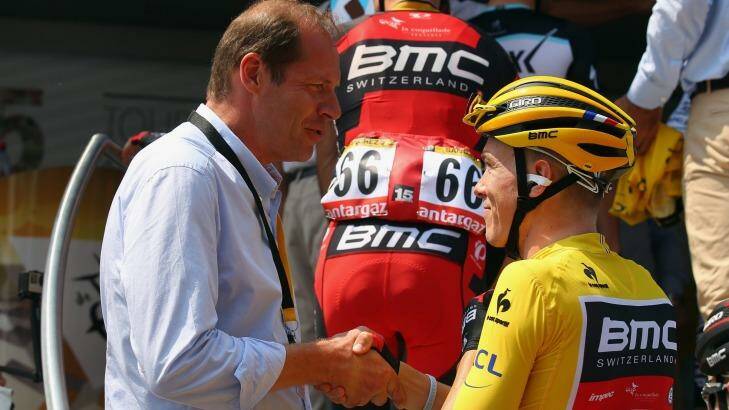 Tour de France race director Christian Prudhomme with Rohan Dennis before the start of stage two in Utrecht. Photo: Bryn Lennon