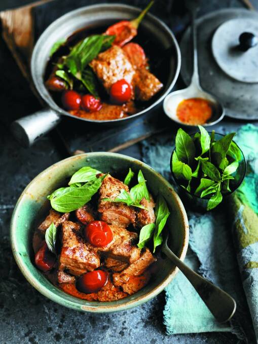 Roast pork belly red curry. <a href="http://www.goodfood.com.au/good-food/cook/recipe/roast-pork-belly-red-curry-20140908-3f1x6.html"><b>(Recipe here).</b></a> Photo: William Meppem