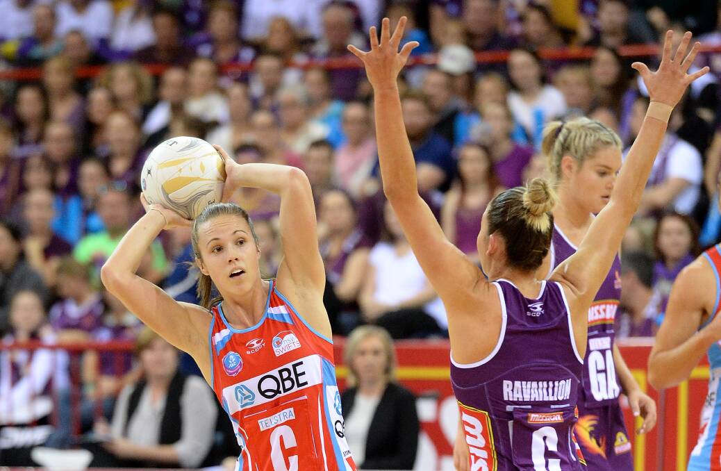 Paige Hadley, of the Swifts, about to pass during the ANZ Championship grand final against the Firebirds. Picture: GETTY IMAGES