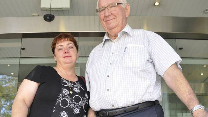 James Hughes' partner, Melissa Pearce, with his father Colin outside Glebe Coroners Court this week. Photo: Goulburn Post
